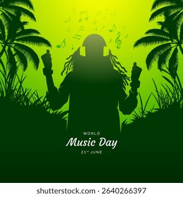 World music day social media post background, square banner with a dreadlocked man play music using a headset