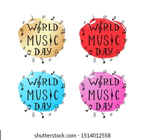 World Music Day style lettering phrase with musical note for music festival. Poster vector template. Hand drawn lettering for advertising banner, invitation concept, live music concert or event.