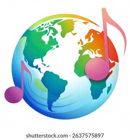 World Music Day symbol with vibrant musical notes and a globe symbolizing global music harmony. Vector design art isolated on white background.