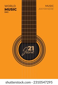 World music day template in yellow background with June 21 text on sound hole of guitar design