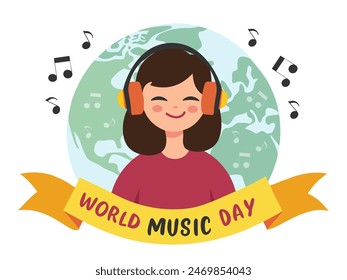 World music day template, young woman listening to music in headphones, planet Earth on background, vector illustration in flat style, isolated