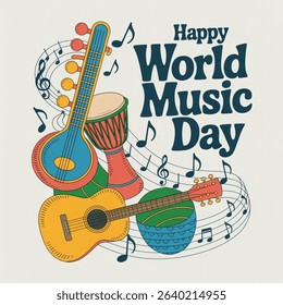 World Music Day text. Hand drawn vector illustration isolated on white background.