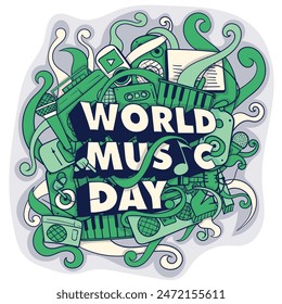 World music day typography 3d design with doodle art of music equipment and hand drawn floral in green design