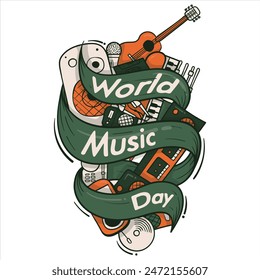 World music day typography design in flying banner with retro colorful design for music day celebration on june 21