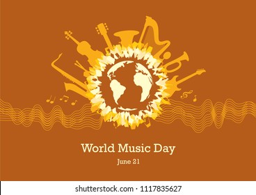 World Music Day vector. Brown background with music. Musical instruments vector illustration. Important day
