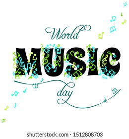 World Music Day, vector concept. Greeting card. Template with text and colorful flying notes.
On white background.
