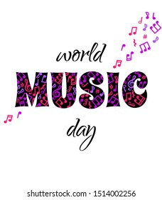 World Music Day, vector concept. Greeting card. Template with text and colorful flying notes. On white background.
