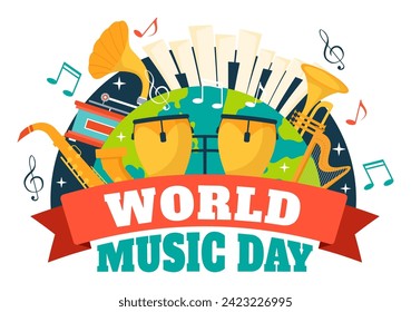 World Music Day Vector Illustration on 21 June with Various Musical Instruments and Notes in Flat Cartoon Background Design