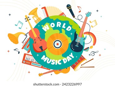 World Music Day Vector Illustration on 21 June with Various Musical Instruments and Notes in Flat Cartoon Background Design