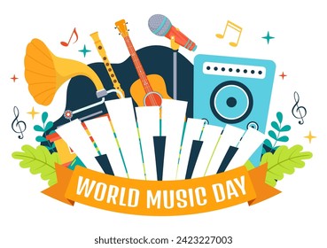 World Music Day Vector Illustration on 21 June with Various Musical Instruments and Notes in Flat Cartoon Background Design