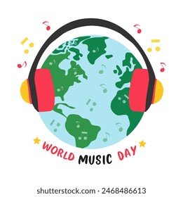 world music day vector illustration, planet Earth in headphones and musical notes, design for theme music, isolated on white