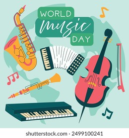 World Music Day, vector, illustration text. A flat illustration of the vector conceptual background of the World Music Day for Web Design. Square banner saxophone, accordion, double bass with notes