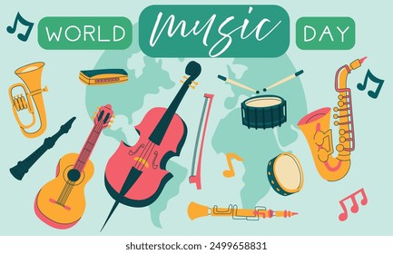 Día Mundial de la Música, Vector, ilustración de texto. Ilustración plana del fondo conceptual de Vector del Día Mundial de la Música para Diseño web, Anuncio Horizontal, guitarra, tambor, arpa, flauta con notas