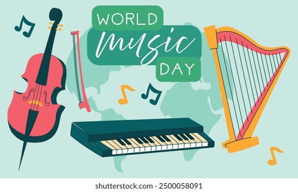 Día Mundial de la Música, Vector, ilustración de texto. Ilustración plana del fondo conceptual de Vector del Día Mundial de la Música para el Diseño web, teclas de Anuncio Horizontal, arpa, contrabajo con notas