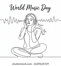 World music day  A Woman listening to music on headphones. World music day concept one-line drawing. isolated on white background. EPS 10