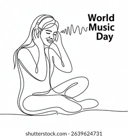 World music day  A Woman listening to music on headphones. World music day concept one-line drawing. isolated on white background. EPS 10