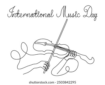 Día Mundial de la Música. Manos tocando el violín, dibujo a mano continuo de una línea de arte, boceto, logotipo. dibujado a mano