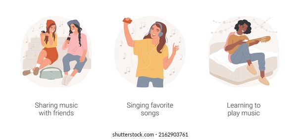 World of music isolated cartoon vector illustration set. Sharing music with friends, portable speakers, singing favorite songs, learning to play guitar, music fan, teenage lifestyle vector cartoon.