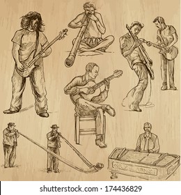 World MUSIC and MUSICIANS around the World (set no.2). Collection of hand drawn illustrations. Each drawing comprises of two layers of outlines,the colored background is isolated.