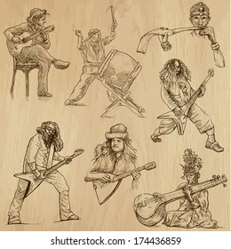 World MUSIC and MUSICIANS around the World (set no.1). Collection of hand drawn illustrations. Each drawing comprises of two layers of outlines,the colored background is isolated.