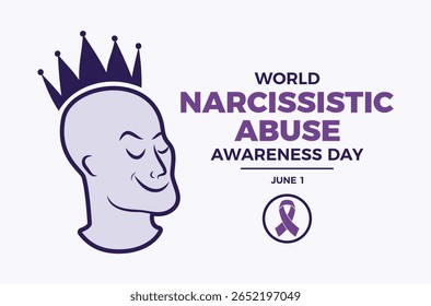 Dia Mundial da Consciência do Abuso Narcisista ilustração vetorial do cartaz. Homem arrogante com uma coroa em seu símbolo de cabeça. Modelo para plano de fundo, banner, cartão. 1º de junho. Dia importante