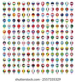 World national flags design. Official country sign, icon, symbols. International travel map symbols, geography and language lesson flags for education