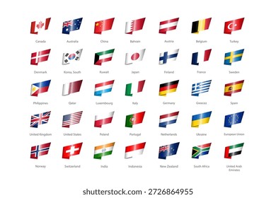 Bandeiras nacionais do mundo afixadas. Design 3D brilhante