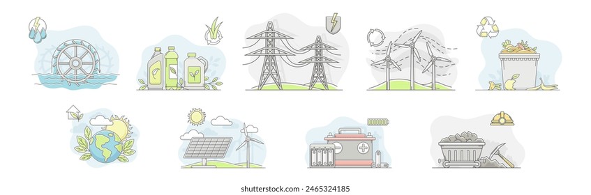 World Natural Renewable Resource and Energy Line Vektorgrafik Set