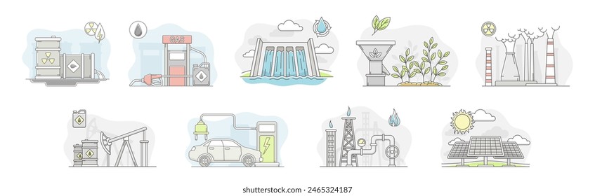 World Natural Renewable Resource and Energy Line Vektorgrafik Set