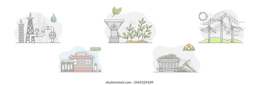 World Natural Renewable Resource and Energy Line Vektorgrafik Set