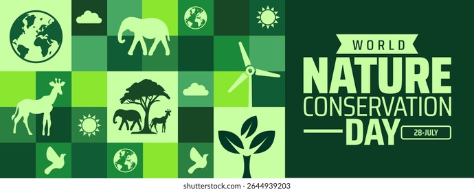 World Nature Conservation Day background or banner design with Green Geometric Mosaic with Earth, Trees, Animals, and Wind Turbine for Environmental Awareness.