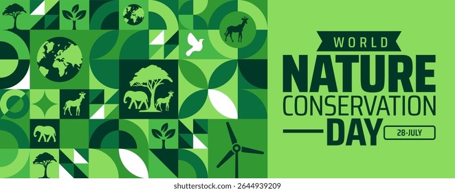 World Nature Conservation Day background or banner design with Green Geometric Mosaic with Earth, Trees, Animals, and Wind Turbine for Environmental Awareness.