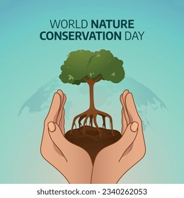 World nature conservation day design template good for greeting. Nature design concept with tree and hand. Conservation design. flat design.