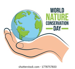World Nature Conservation Day, Earth on hand symbol of care and protection, poster, illustration vector