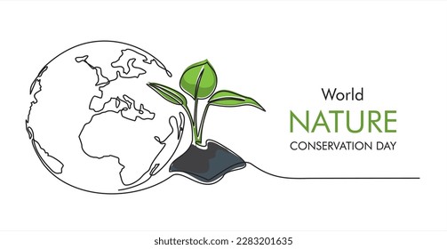 Día mundial de la conservación de la naturaleza. Un brote de arte de una sola línea continuo. Las hojas de la planta crecen planeta Seedling Tierra ecológicamente concepto natural diseño dibujo ilustración vectorial arte