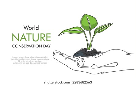 Weltnaturschutztag. Einzelne durchgehende Handlinie, die Baumblätter hält. Pflanzenblätter wachsen Planet Erde Sedling Ökodesign-Design-Skizze Zeichnen Vektorgrafik 