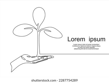 	
World nature conservation day. Single continuous line of hands holding tree leaf. Plant leaves grow planet Earth seedling eco natural concept design sketch drawing vector illustration art