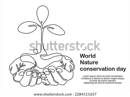 World nature conservation day. Single continuous line of hands holding tree leaf. Plant leaves grow planet Earth seedling eco natural concept design sketch drawing vector illustration art