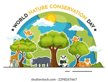 World Nature Conservation Day Vector Illustration with World Map, Tree and Eco Friendly Ecology in Flat Cartoon Hand Drawn Landing Page Templates