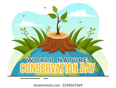 World Nature Conservation Day Vector Illustration with World Map, Tree and Eco Friendly Ecology in Flat Cartoon Hand Drawn Landing Page Templates