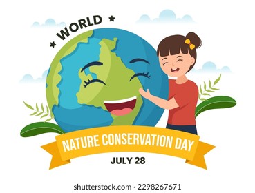 World Nature Conservation Day Vector Illustration with Kids, World Map, Tree and Eco Friendly Ecology in Cartoon Hand Drawn Landing Page Templates