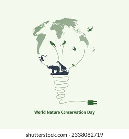 World Nature Conservation Day, vector, Illustration. world map on bulb with animals and birds around concept design for posters and banners.
