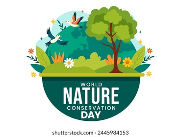 World Nature Conservation Day Vector Illustration with World Map, Tree and Eco Friendly Ecology for Preservation in Flat Cartoon Background