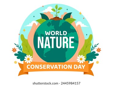 Ilustración vectorial del Día Mundial de la Conservación de la Naturaleza con el Mapa Mundial, Árbol y Ecología Ecológica Amigable para la Preservación en Fondo Plano de Dibujos Animados