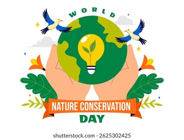 World Nature Conservation Day Vector Illustration featuring a World Map, Tree, and Eco Friendly Ecology and Environmental Preservation in a Background