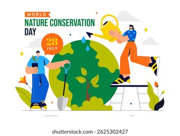 World Nature Conservation Day Vector Illustration featuring a World Map, Tree, and Eco Friendly Ecology and Environmental Preservation in a Background