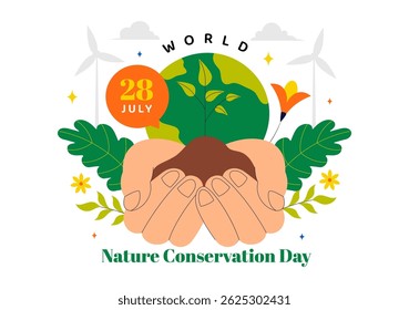 World Nature Conservation Day Vector Illustration featuring a World Map, Tree, and Eco Friendly Ecology and Environmental Preservation in a Background