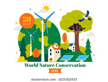 Ilustração vetorial do Dia Mundial da Conservação da Natureza com um mapa mundial, árvore e ecologia eco-amigável e preservação ambiental em um fundo