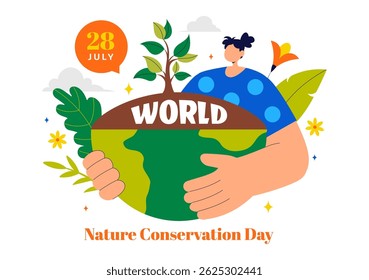 World Nature Conservation Day Vector Illustration featuring a World Map, Tree, and Eco Friendly Ecology and Environmental Preservation in a Background