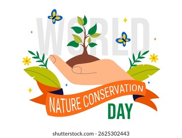 World Nature Conservation Day Vector Illustration featuring a World Map, Tree, and Eco Friendly Ecology and Environmental Preservation in a Background